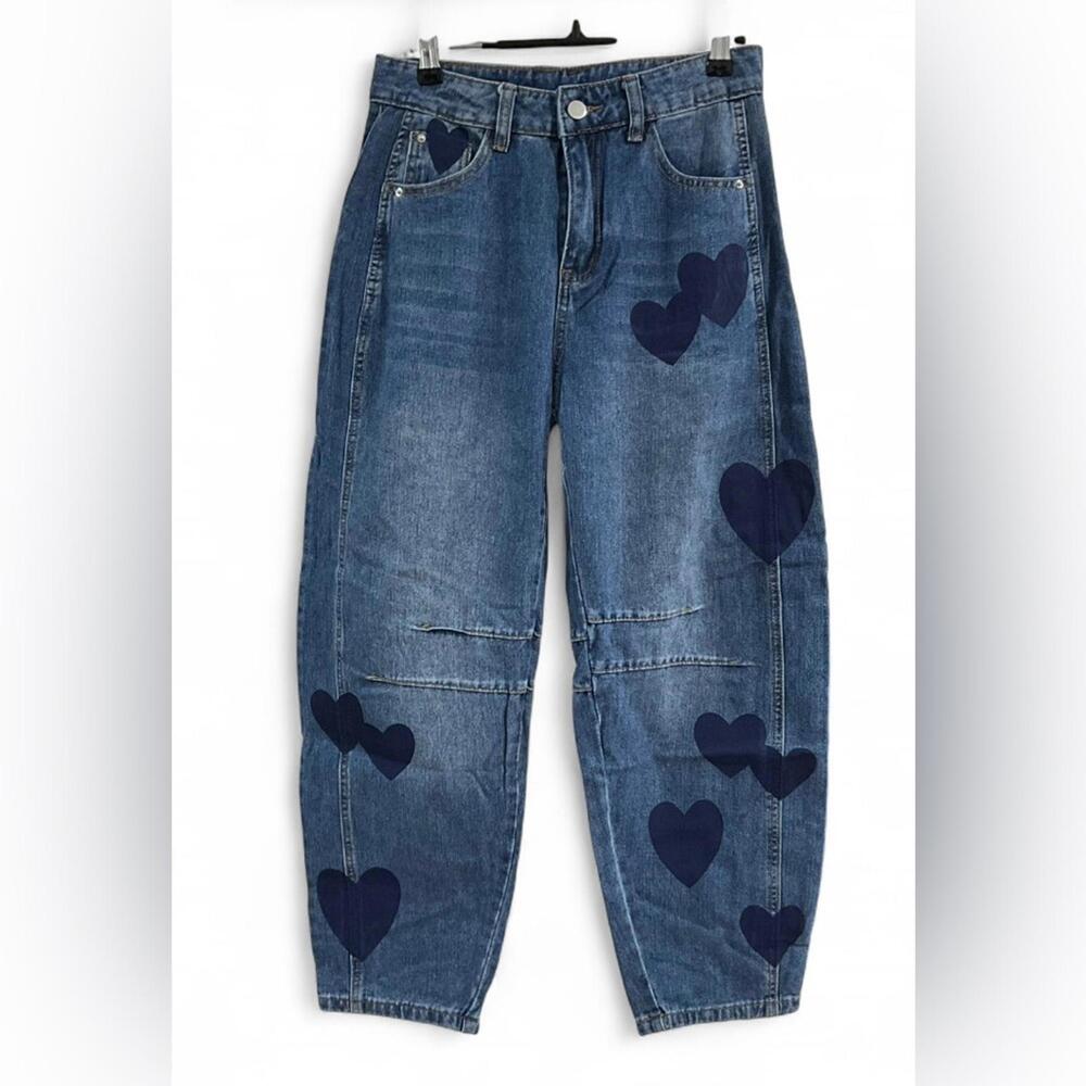 NEW BARREL Y2K Streetwear SZ S High Rise Slouchy Cropped Denim Heart Jeans Pants - Picture 4 of 9